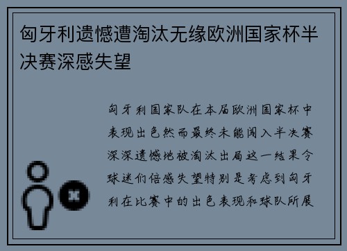 匈牙利遗憾遭淘汰无缘欧洲国家杯半决赛深感失望