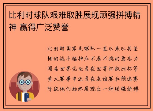 比利时球队艰难取胜展现顽强拼搏精神 赢得广泛赞誉