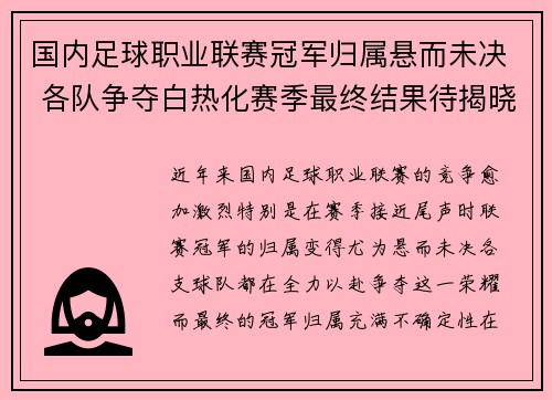 国内足球职业联赛冠军归属悬而未决 各队争夺白热化赛季最终结果待揭晓