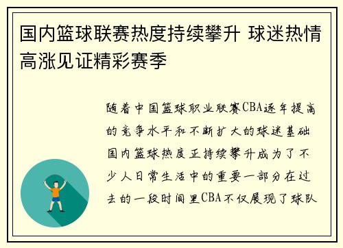 国内篮球联赛热度持续攀升 球迷热情高涨见证精彩赛季