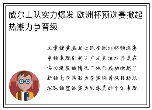 威尔士队实力爆发 欧洲杯预选赛掀起热潮力争晋级