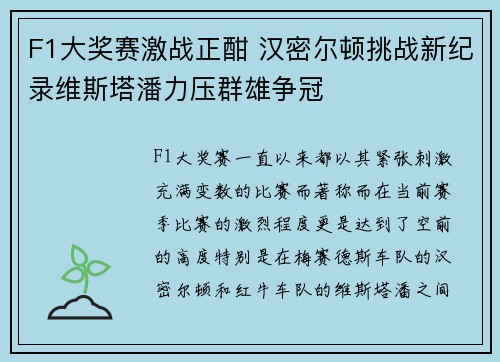 F1大奖赛激战正酣 汉密尔顿挑战新纪录维斯塔潘力压群雄争冠